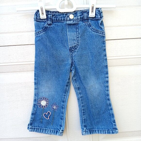 Y2K Just Be VTG Baby Toddler Girl Jeans Embroidered Pink Heart Floral 12 Months - Picture 1 of 5
